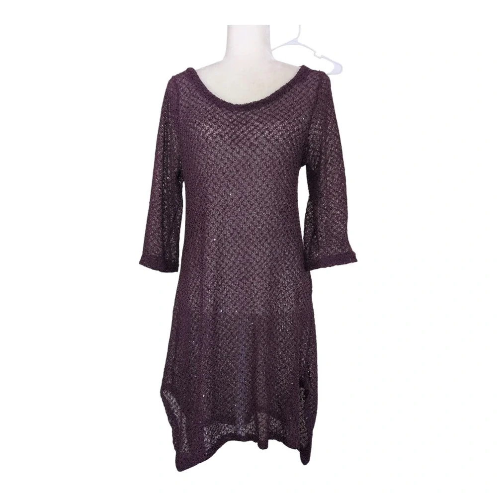 Purple Sparkly Open Knit Dress Women's Size L 3/4 Sleeve Hi-Low Sheer Stretch